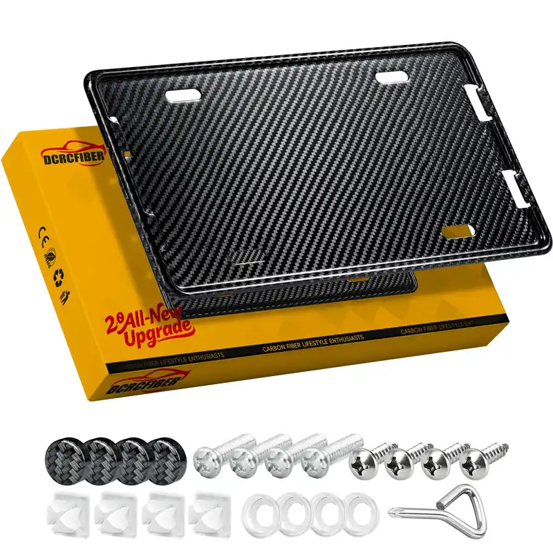 DCRCFIBER 100% Carbon Fiber License Plate Frame,New Full Carbon Fiber snap-on 4 Hole License Plate Frame,unobstructed View,with Screw Caps, Anti-Vibration Pads