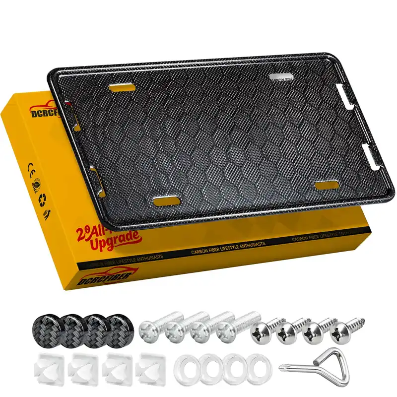 DCRCFIBER 100% Carbon Fiber License Plate Frame, All-Carbon Fiber snap-on 2/4-hole License Plate Frame, unobstructed View, Comes with Screw Covers and Shock-Absorbing Pads (Soccer Pattern)