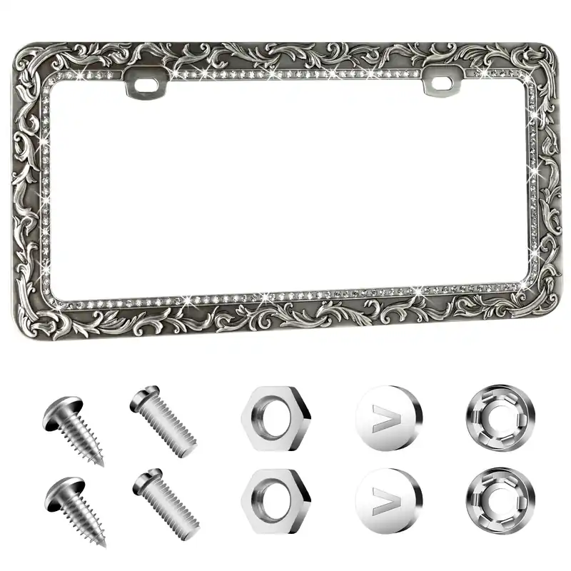 Valor Gel Metal Car License Plate Frames,Antique Old Pattern Printing, Bling Crystal Rhinestones Inlaid,Universal 2 Holes Automotive Replacement Parts Plate Holder(1 Pack)