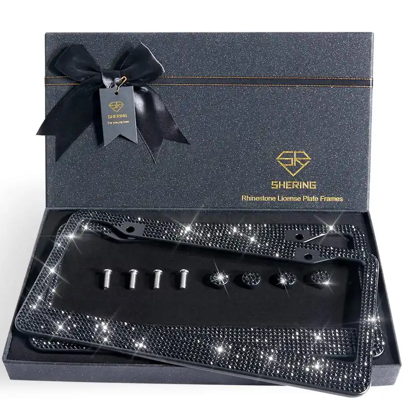 Shering Bling 2 Pack License Plate Frame with Premium Gift Box 1200pcs Rhinestones for Women (Black Rhinestones)