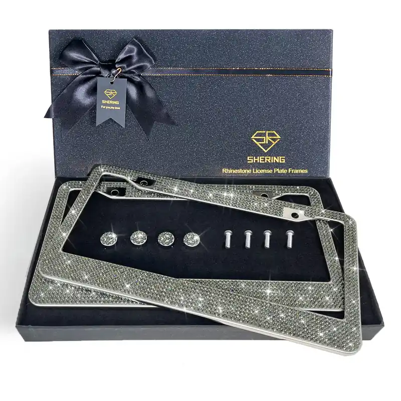SHERING Bling License Plate Frame, 2 Pack License Plate Frame with Premium Gift Box for Women,Rhinestone License Plate Frames with 1100pcs Rhinestones (Grey)