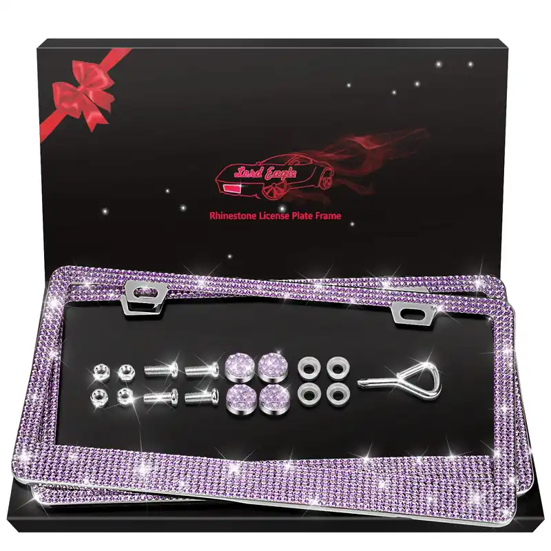 Bling License Plate Frames 2 Pack - Stainless Steel Rhinestones Car Accessories with 1200 Crystals, Universal Fit Decorative Diamond Plate Covers for Women Men All Cars -Purple