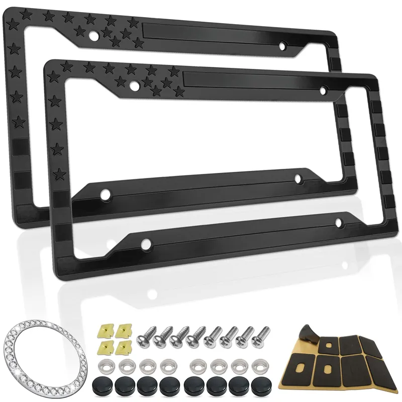 RCKJNJ American Flag License Plate Frames- Black Plastic Patriotic Car Tag Holder with Mounting Hardware & Screws Caps，2 Pack 4 Holes for Front Rear