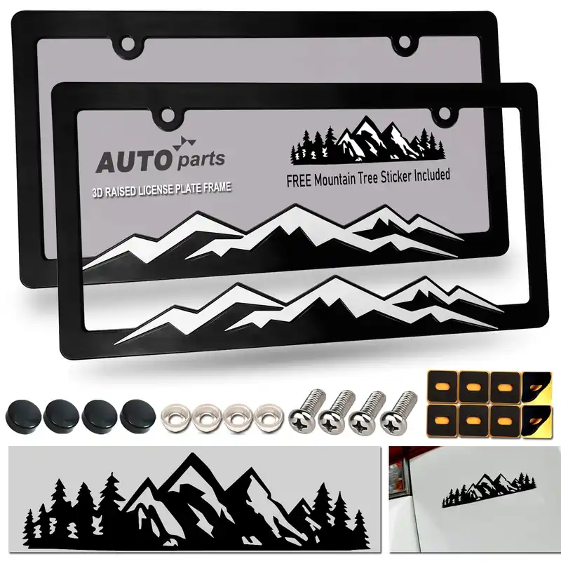 ZXFOOG Mountain License Plate Frames- Plastic Black Car Tag Holder Bracket with Screws Caps, 2 Packs 2 Hole, White on Black, Mountain Vinyl Sticker Included