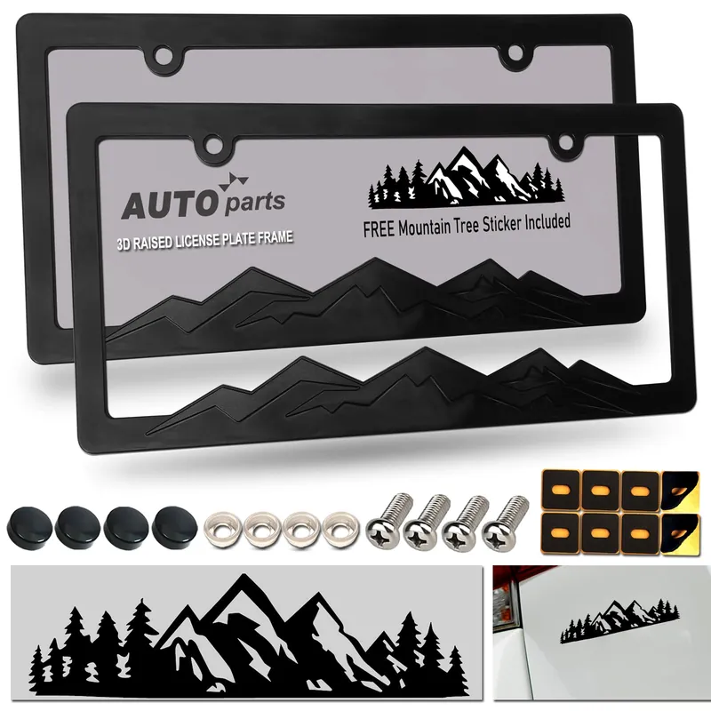 ZXFOOG Mountain License Plate Frames- Plastic Black Car Tag Holder Bracket with Screws Caps, Blackout 2 Packs 2 Hole, Mountain Vinyl Sticker Included