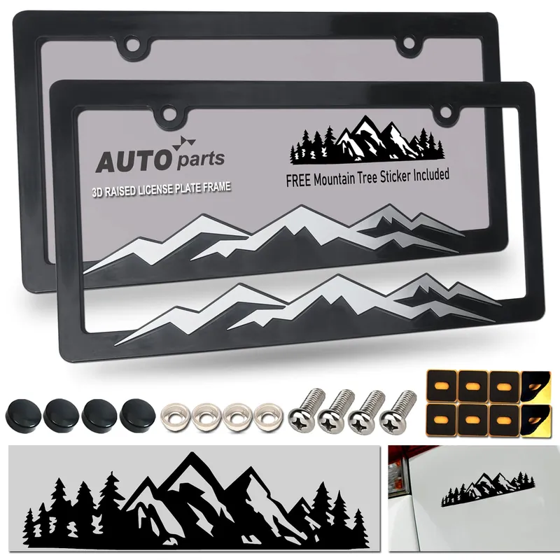 ZXFOOG Mountain License Plate Frames- Plastic Black Car Tag Holder Bracket with Screws Caps, 2 Packs 2 Hole, Silver on Black, Mountain Vinyl Sticker Included