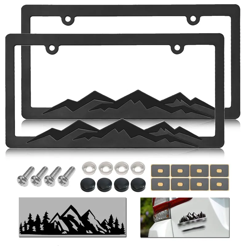 NJNYLLC Mountain License Plate Frames - Plastic Car Tag Holders with Raised Mountain Design, Black on Black, 2 Pack 2 Hole with Screws & Caps, Mountain Vinyl Sticker Included