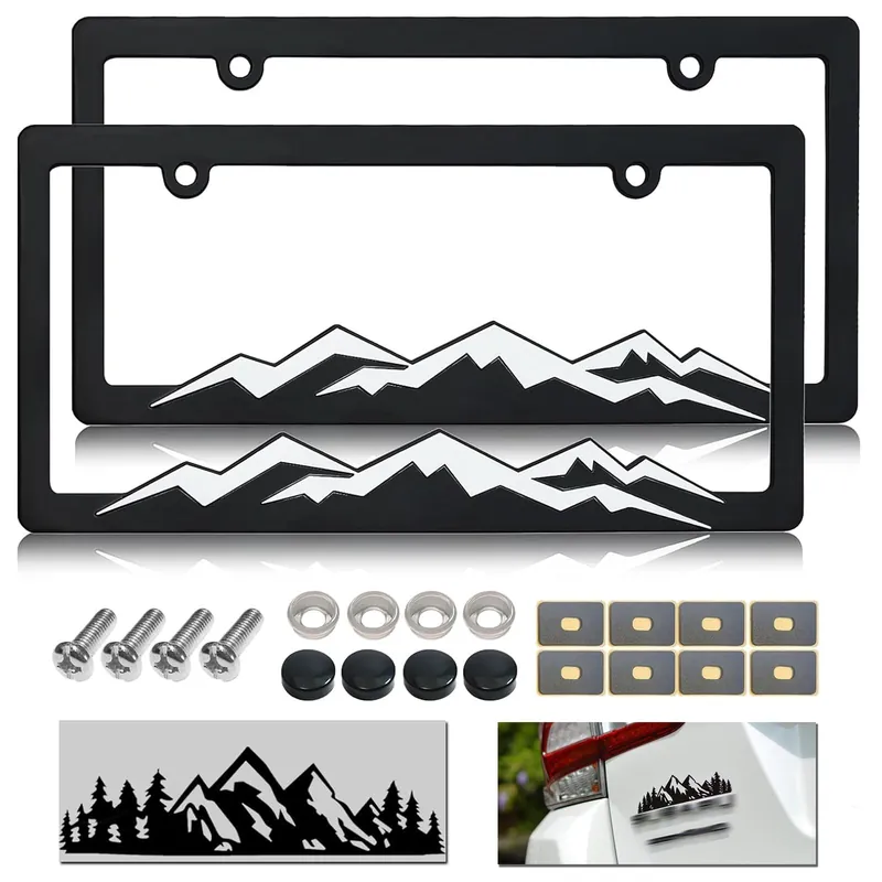 NJNYLLC Mountain License Plate Frames - Plastic Car Tag Holders with Raised Mountain Design, White on Black, 2 Pack 2 Hole with Screws & Caps, Mountain Vinyl Sticker Included