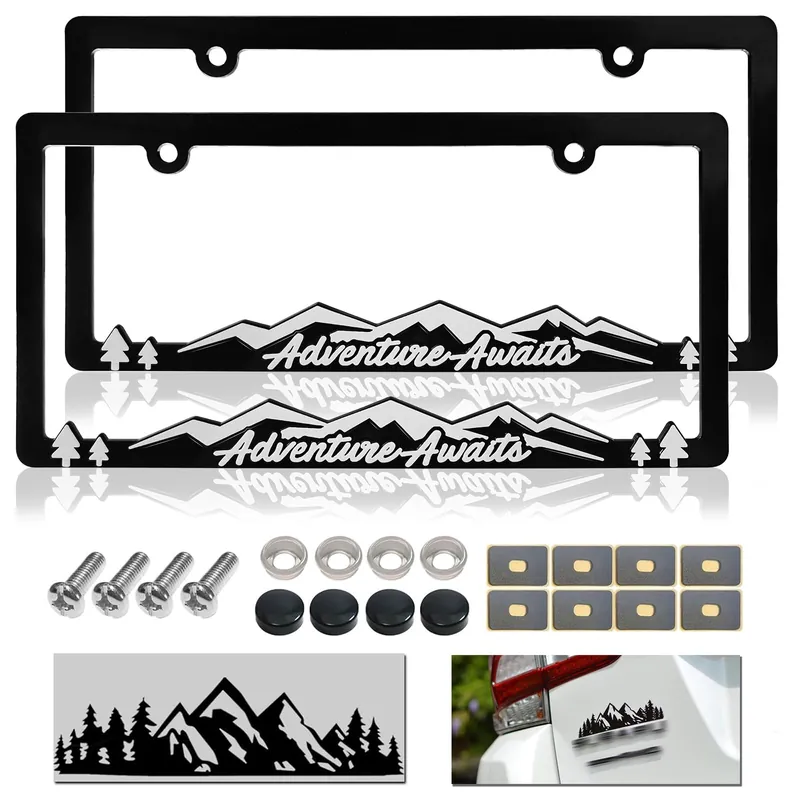NJNYLLC Mountain License Plate Frames - Plastic Car Tag Holders with Raised Mountain Design, 2 Pack 2 Hole with Screws & Caps, Mountain Vinyl Sticker Included (White-Embossed)
