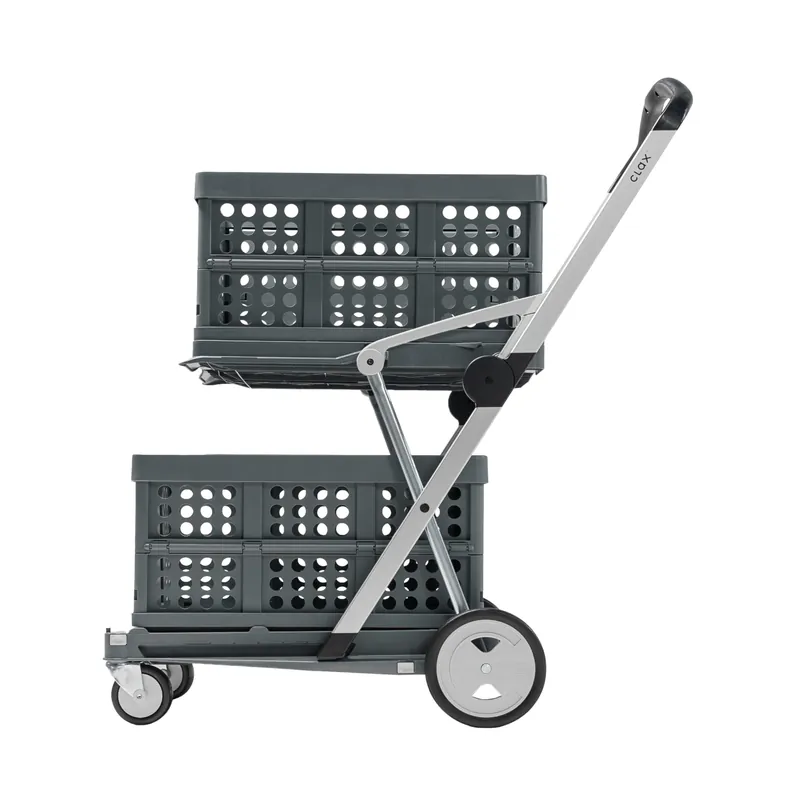 CLAX® The Original Made in Germany Multi Use Functional Collapsible Carts Mobile Folding Trolley Storage Cart Wagon Shopping Cart with 2 Storage Crates Platform Truck (Light Grey)