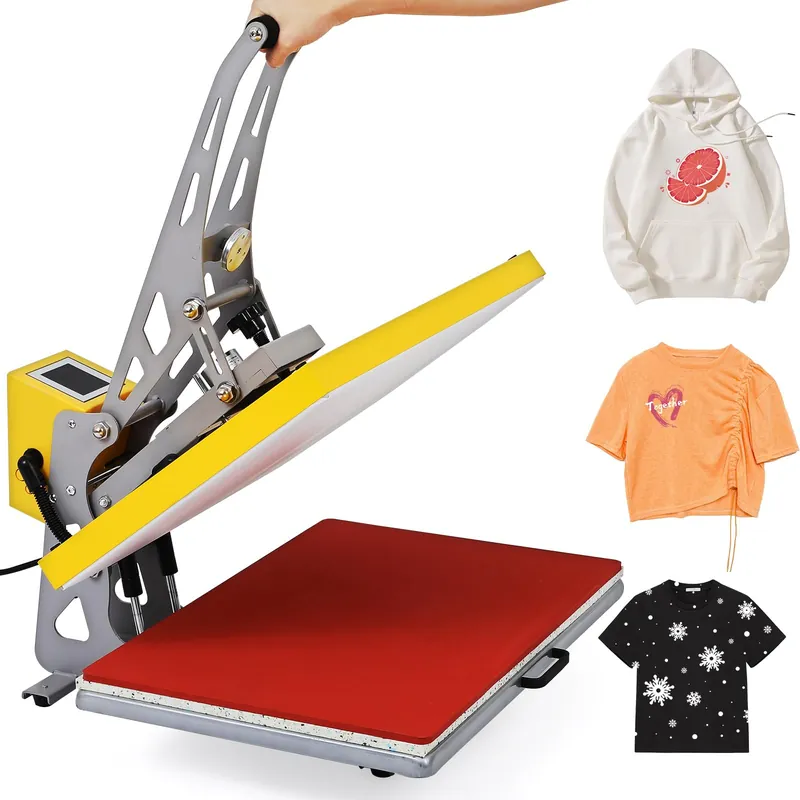 Heat Press Machine, 2000W Semi-Automatic Clamshell T-Shirt Press with Slide-Out Drawer, Teflon Coated Plate