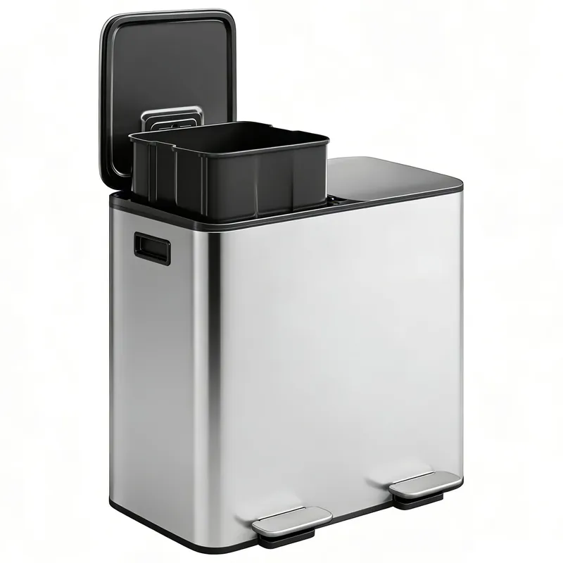 2 x 8 gal Stainless Steel Double Trash Can with Lid for Kitchen, Large Dual Trash and Recycle Bin Combo