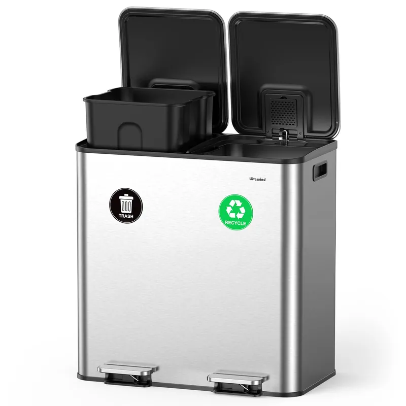 Lovewind 2×11.5 Gallon Dual Trash Can, Stainless Steel Dual Garbage and Recycling Can with Foot Pedal, 90° Stay-Open Lid