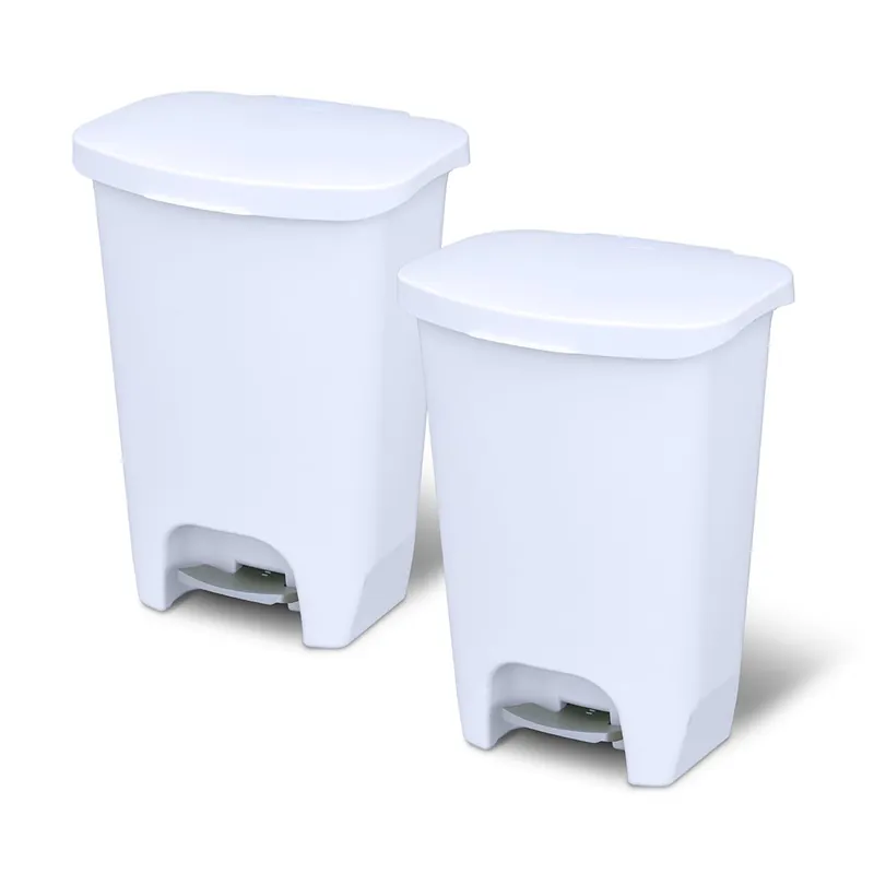 2 Pack Plastic Kitchen Waste Bin Hands Free with Step On Foot Pedal and Garbage Bag Rings, White