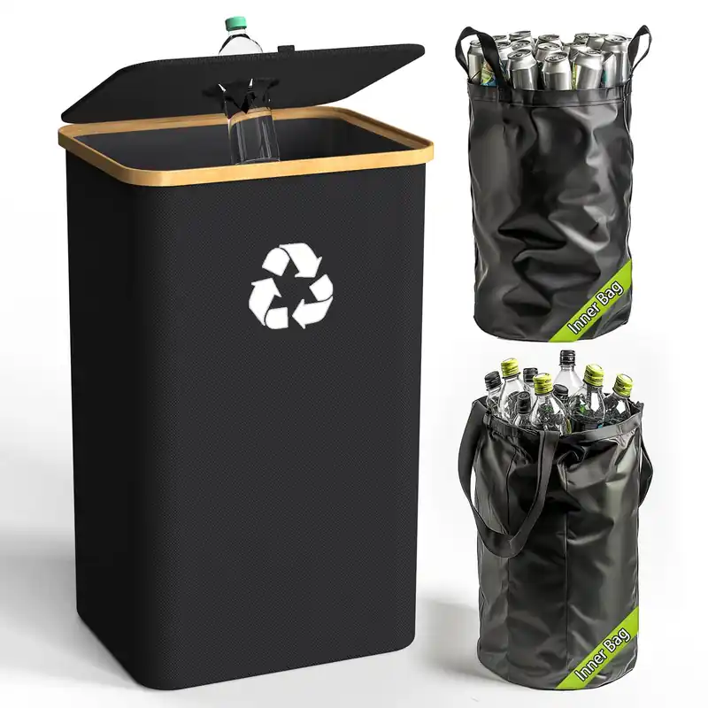 Pakusane Recycling Bin for KitcRecycling Bin for Kitchen Indoor Home, Large 26 Gallon 100L Recycle Bin with Lidhen Indoor Home, Large 26 Gallon 100L Recycle Bin with Lid Removeable Reusable Inner Bag Bottle Can Glass Waste Plastice Stickers,Black