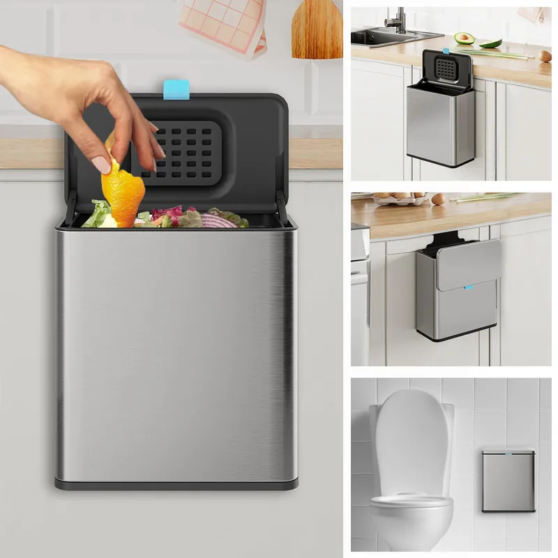 Stainless Steel Hanging Trash Can with Lid and Inner Bucket, 2 Gallon Kitchen Compost Bin for Counter Top