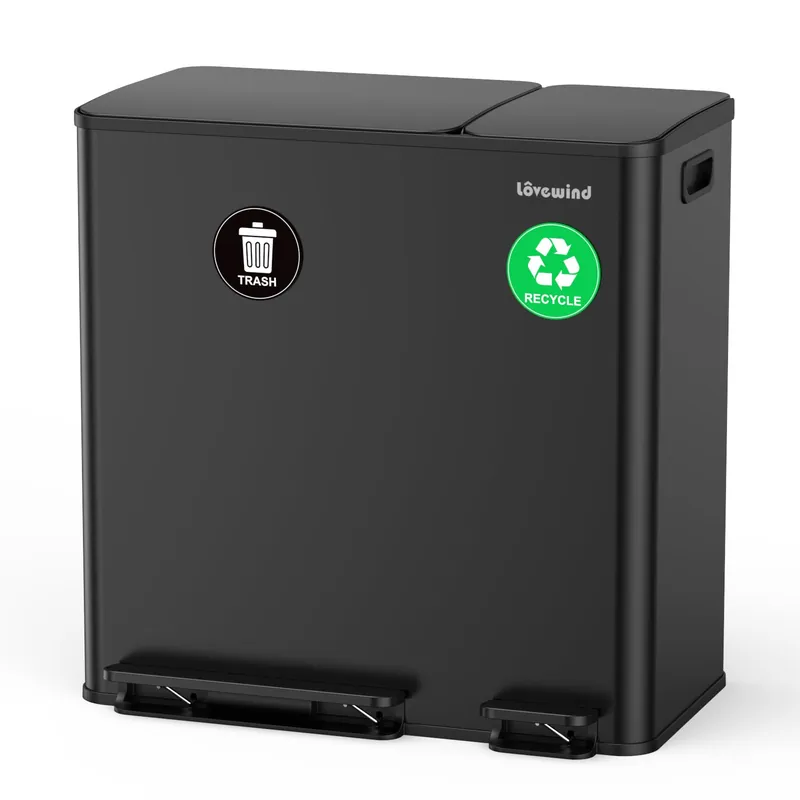 Dual Trash and Recycling Bins for Kitchen, 13.2 + 5.2 Gal (50+20L) Stainless Steel Trash and Recycle Bin Combo with Soft-Close Lid