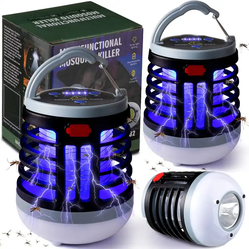 2 Pack 3 in 1 Bug Zapper USB Rechargeable Mosquito Killer Portable Waterproof Mosquito Repellent Outdoor Indoor LED Lantern Bug Zapper Camp Light SOS Emergency Light for Home, Backyard (2, Black)