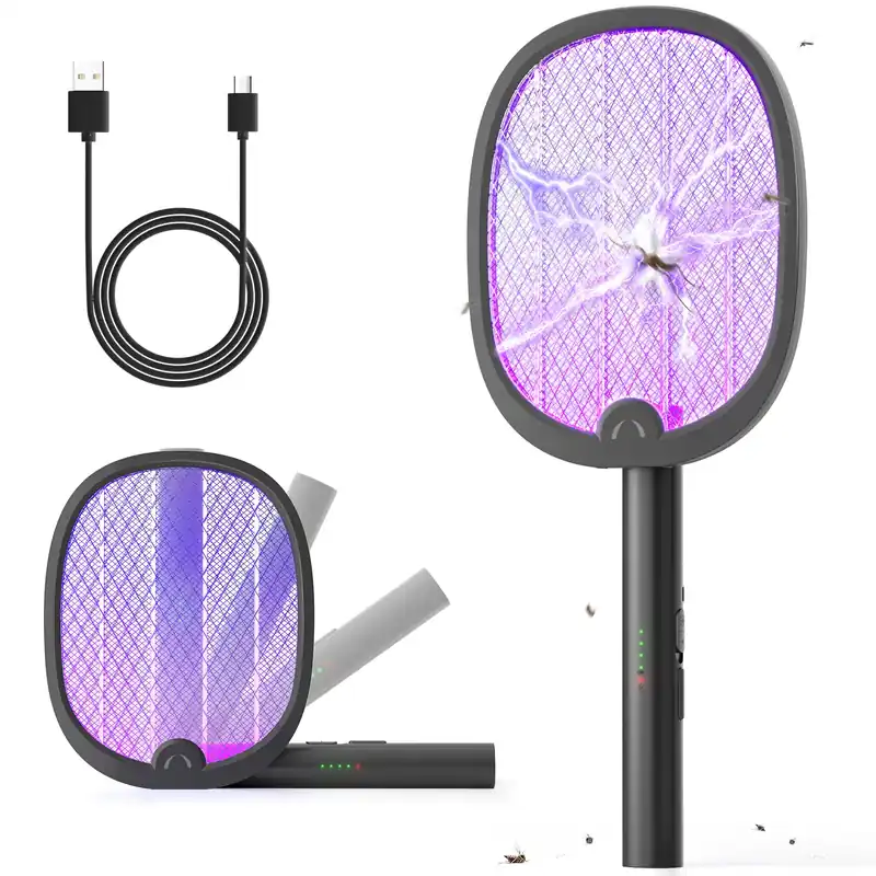 YISSVIC Electric Fly Swatter Foldable Bug Zapper Racket 2 in 1 Mosquito Killer with Purple Attractant Light Rechargeable 1800mAh for Indoor Home Backyard Patio Camping