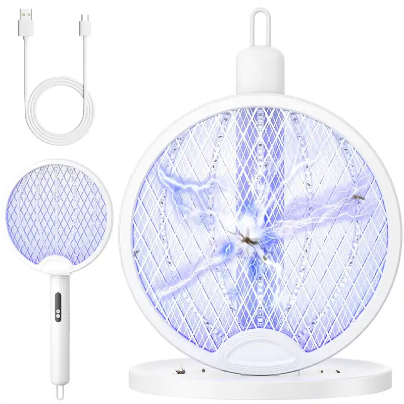YISSVIC 2 in 1 Mosquito Killer Racket, 4000V Foldable Electric Fly Swatter with Charging Base & Purple Light, Rechargeable 1800mAh Bug Zapper Indoor for Home, Patio, Backyard, Camping Use
