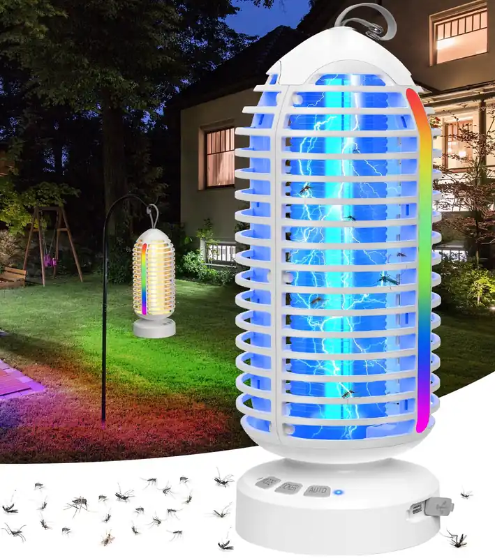Bug Zapper Outdoor with Colorful Lighting and Auto-Sensing, 3 in 1 Cordless 4000mAh Battery Electric Fly Trap, Rechargeable Mosquito Zapper for Camping, Patios, Garden, Kitchen (2Pack-White)