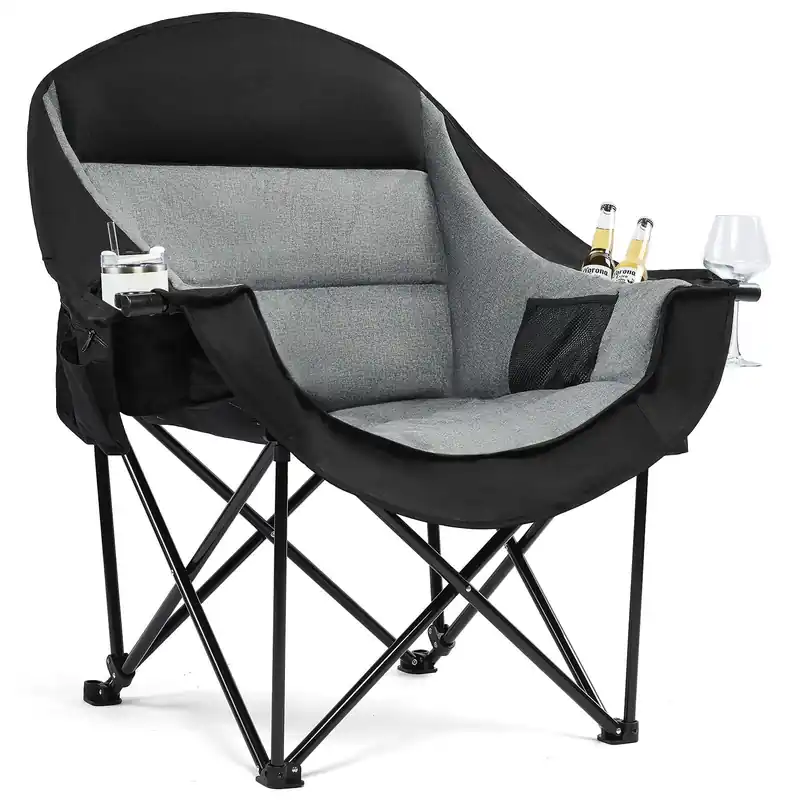 Oversized Camping Chairs for Adults - Heavy Duty Padded Outdoor Folding Lawn XL Camp Chair with Cup Holder Cooler Pockets for Outside Sports Beach Fishing Garden Portable Supports 500lbs, Black