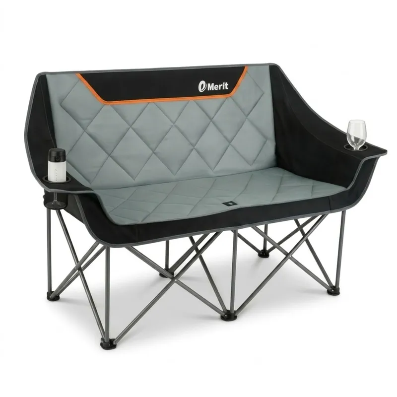 EMERIT Oversized Fully Padded Camping Chair, Heavy Duty 650LB Folding Camping Loveseat, Quad Fold Double Camping Couch with Cup Holders & Carry Bag for Outdoor, Lawn, Sports Events Black