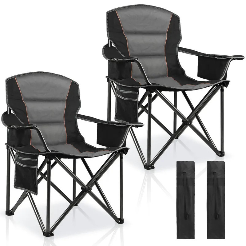LANMOUNTAIN 2 Pack Padded Oversized Camping Chairs for Adults,Heavy Duty Support 400 Lbs,Folding Portable Lawn Chair w/Cup Holder,Cooler Bag,Side Pocket,Perfect for Outdoor Picnic,Hiking(Black)
