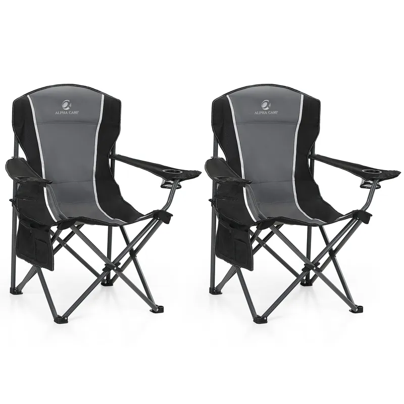 ALPHA CAMP Oversized Camping Folding Chair Heavy Duty Steel Frame Support 350 LBS Collapsible Padded Arm Chair with Cup Holder Quad Lumbar Back Chair Portable for Outdoor/Indoor (Black grey-2PC)
