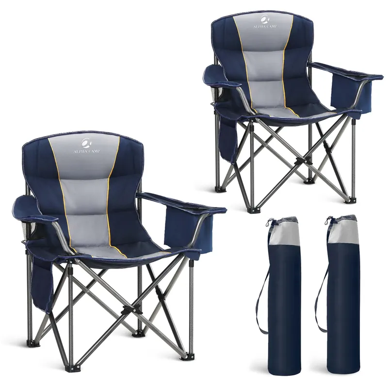 LET‘S CAMP Folding Camping Chair Oversized Heavy Duty Padded Outdoor Chair with Cup Holder Storage and Cooler Bag, 450 LBS Weight Capacity, Thicken 600D Oxford,2 Pack