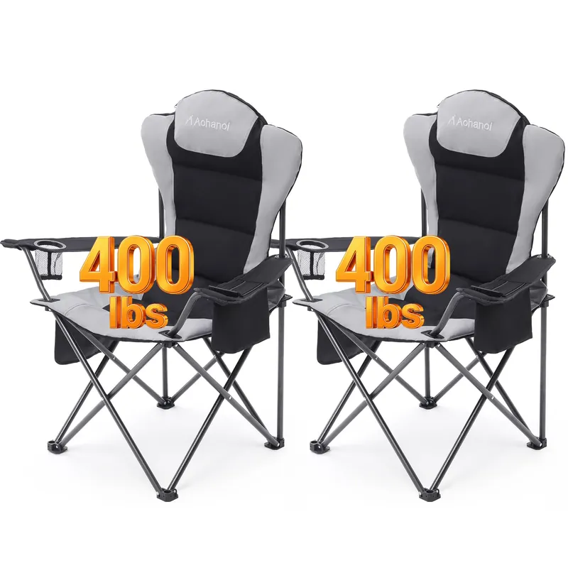 Aohanoi 2 Pack Camping Chairs for Heavy People,Outdoor Folding Camp Chairs for Adults with Cup Holder & Cooler Bag for Outside,Outdoor Lawn Chairs Supports Up to 400lbs