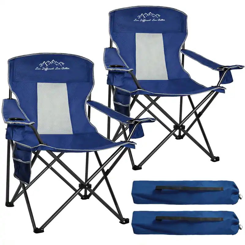 SAILARY Outdoor Folding Camping Chair with Cup Holder, Storage Bag, Large Anti-Sink Feet, 400lbs Capacity, 2 Pack Breathable Mesh Portable Chair for Camping, Beach, Fishing, Sports, Blue