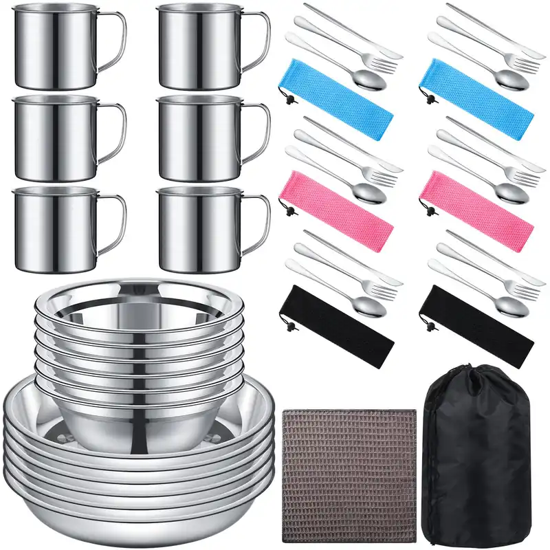 Lallisa 44 Pcs Outdoor Camping Cookware Mess Kit Polished Stainless Steel Dishes Camping Utensils Portable Tableware with Plates Cups Spoons Forks Knives Mesh Bag for Backpacking Hiking