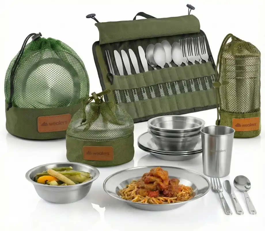 Wealers Unique Complete Messware Kit Polished Stainless Steel Dishes Set Tableware Dinnerware Camping Buffet Includes - Cups Plates Bowls Cutlery Comes in Mesh Bags (4 Person Set) (Green)