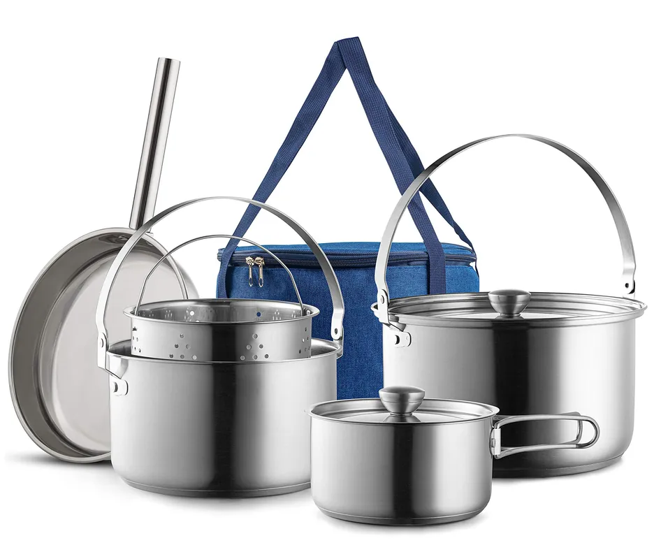 Camping Cookware Set 304 Stainless Steel 8-Piece Pots & Pans Open Fire Cooking Kit Frying Pan Steamer with Travel Tote Bag Compact For Outdoors & Indoors Kitchen Family Campfire Hiking RV