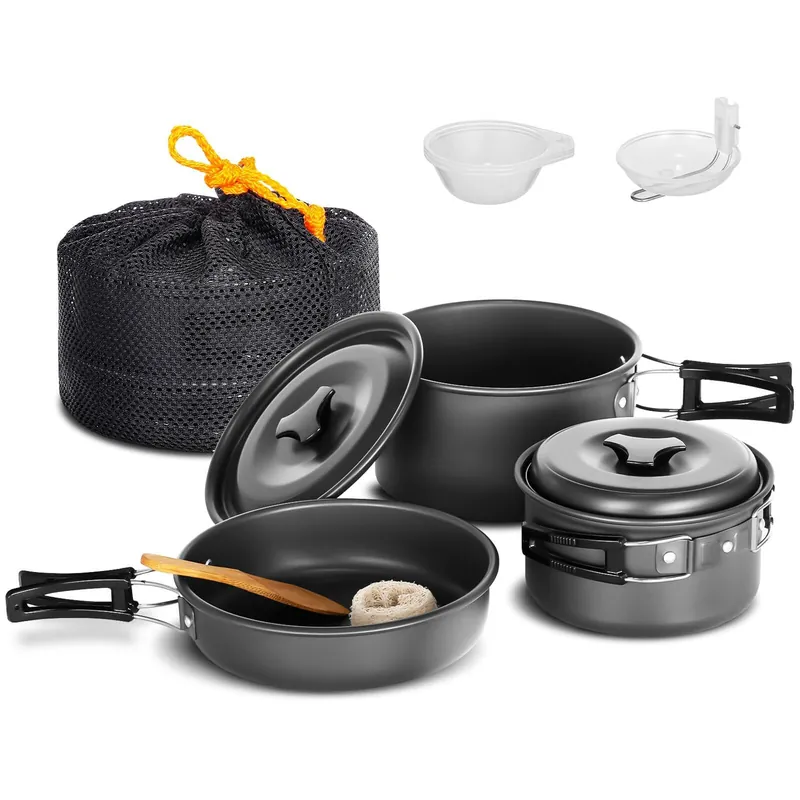 Lixada 10pcs Camping Cookware Mess Kit, Non-Stick Lightweight Stackable Pot Pan Bowls Camping Cooking Set with Storage Bag, Portable Outdoor Cookware Accessories for Backpacking Hiking Picnic