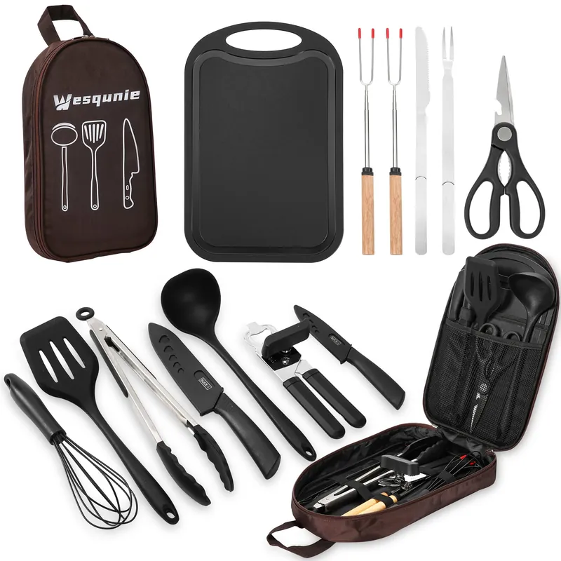 Camping Essentials Cookware Cooking Utensils Set - Portable Camp Kitchen Mess Kit Outdoor Accessories, Stainless Steel & Silicone, Camping Gear Equipment for RV Picnic Grill, Brown