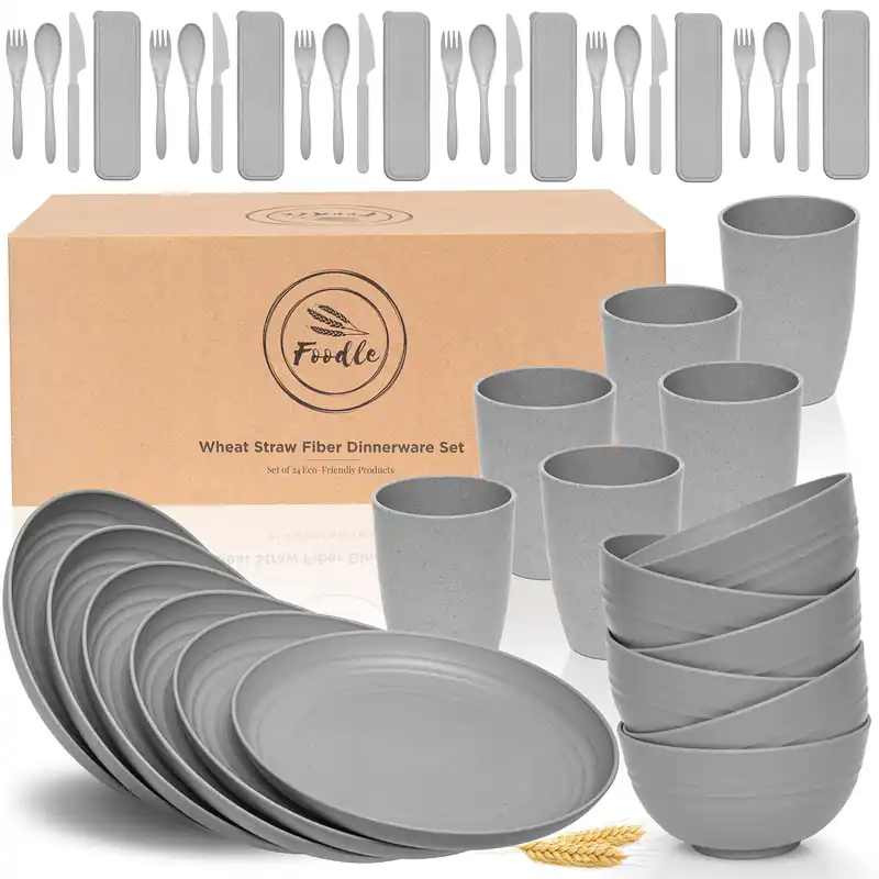 FOODLE Wheat Straw Dinnerware Set - BPA Free & Safety Certified - Unbreakable, Microwave & Dishwasher Safe - Dorm & RV Dishes - Camping Plates Cups and Bowls Set - Great for Kids & Adults - For 6
