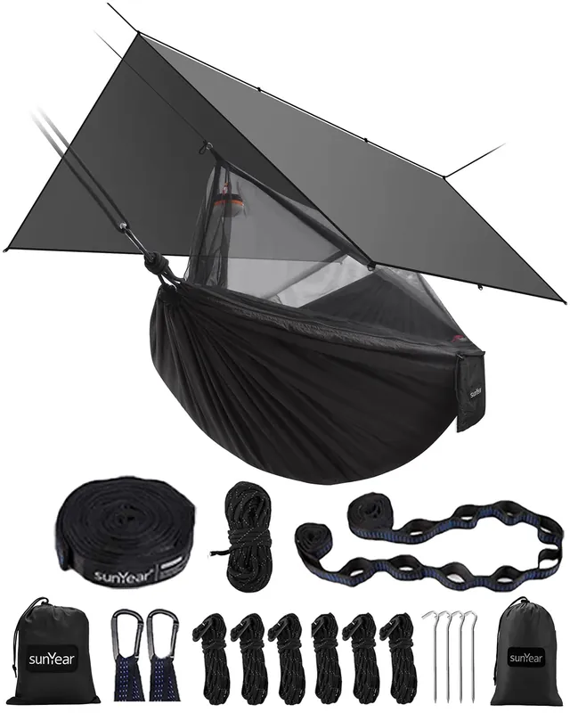 Sunyear Hammock Camping with Rain Fly Tarp and Net, Portable Camping Hammock Double Tree Hammock Outdoor Indoor Backpacking Travel & Survival, 2 Tree Straps,100% Waterproof Black Bundle