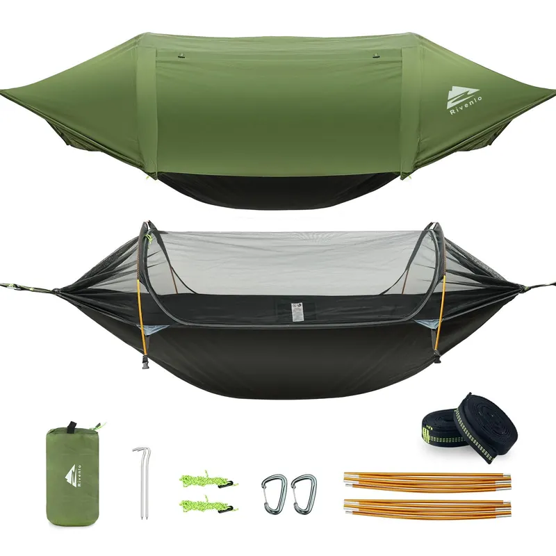 Rivenlo Camping Hammock Tent with Mosquito Net & RainFly, 3 in 1 Waterproof Portable Sleeping Hammock Bug Backpacker Lightweight Outdoor Gear Swing for Hiking Travel Patio Expedition(Dark Green)
