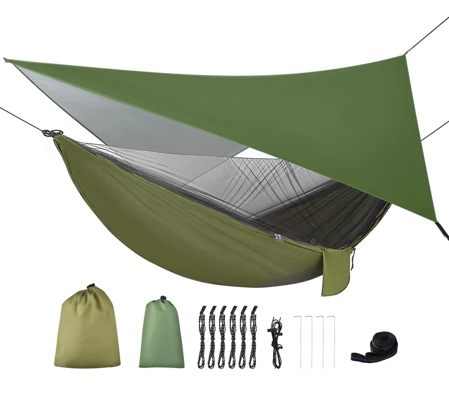 FIRINER Camping Hammock with Rain Fly Tarp and Mosquito Net Tent Tree Straps, Portable Single Double Nylon Parachute Hammock Rainfly Set for Backpacking Hiking Travel Yard Outdoor Activities Green
