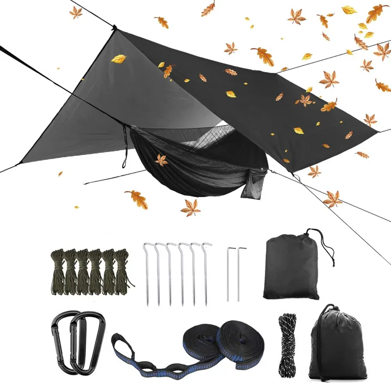 YCD Oversized rain Rope tarp and Camping Hammock with Mosquito net, Portable Single Double Hammock with Tree Strap Hammock Set for Camping, Backpacking hikes, Outdoor Backyard(Black)