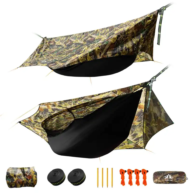 Night Cat Camping Hammock Tent Lightweight Portable 4 in 1 Hammock with Rain Tarp and Mosquito Net for Hiking Jungle Outdoor Camouflage