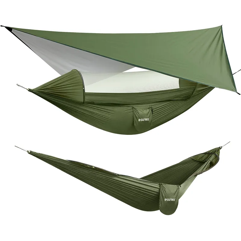 G4Free Large Camping Hammock with Mosquito Net and Rain Fly- 2 Person Portable Hammock with Bug Net and Tent Tarp for Outdoor Hiking Camping Backpacking Travel(Army Green with Rain Fly)