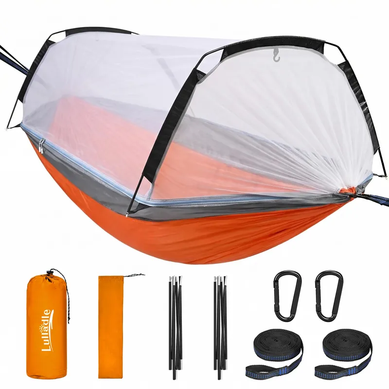 Lulladle Camping Hammock - 500lbs Capacity Portable Hammock with 2 Tree Straps and with Mosquito Net,Nylon Hanging Hammock Easy Setup and Pack for Outdoors Camping,Backpacking,Hiking - Double/Single