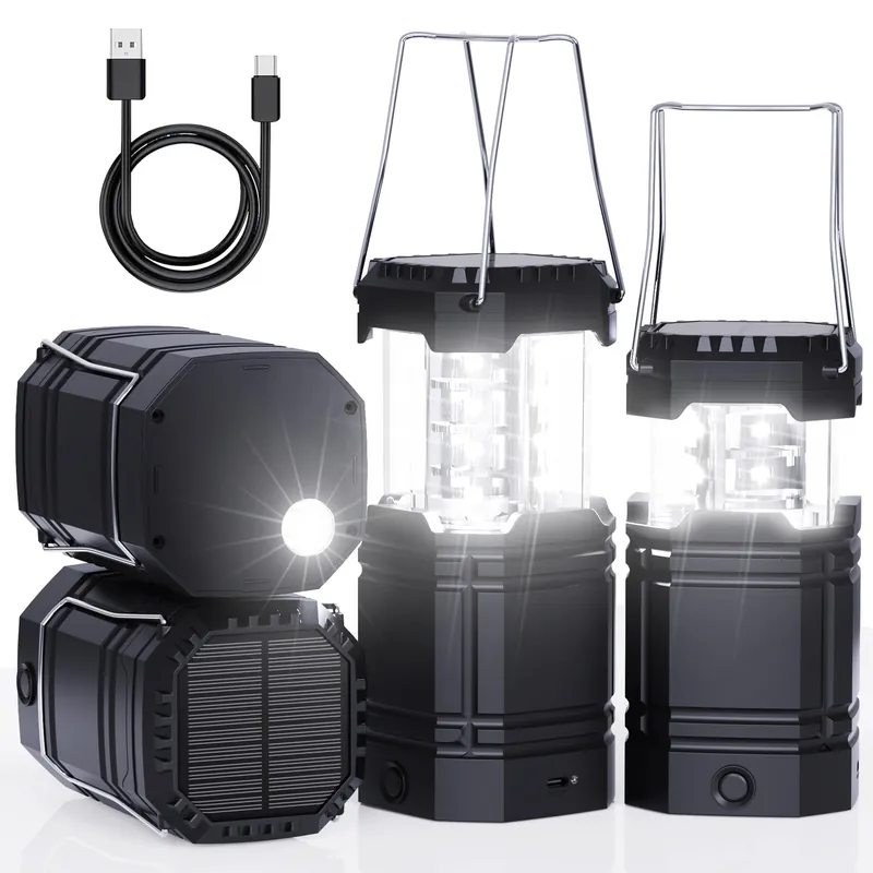 4 Pack Rechargeable Emergency Lanterns for Power Outages, USB-C & Solar Backup, Lantern Flashlight Combo, 1600mAh, 30H Runtime, Compact Hanging Lights for Camping Tent