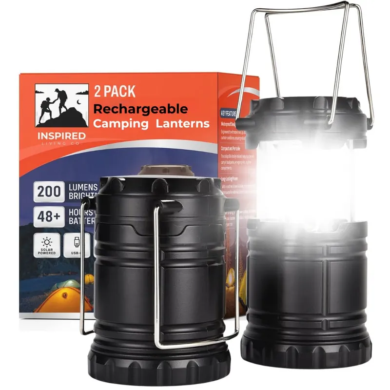 Rechargeable Camping Lantern, Pack of 2 - LED Camping Lantern Battery Powered, Waterproof Solar Lantern for Emergency, Hiking & Power Outages USB-C Rechargeable, Collapsible, 360° Light
