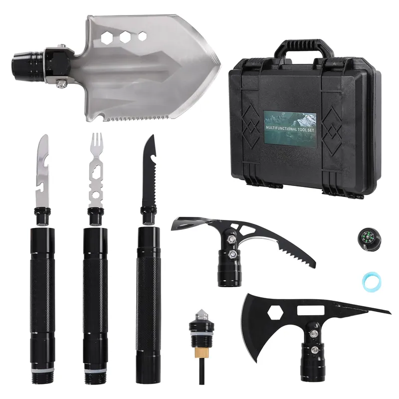 Folding Survival Shovel - 30" Heavy Duty Carbon Steel 14-in-1 Multitool Tactical Axe Entrenching Tool with Storage Box Emergency Survival Gear for Camping, Hiking, Hunting,Gardening