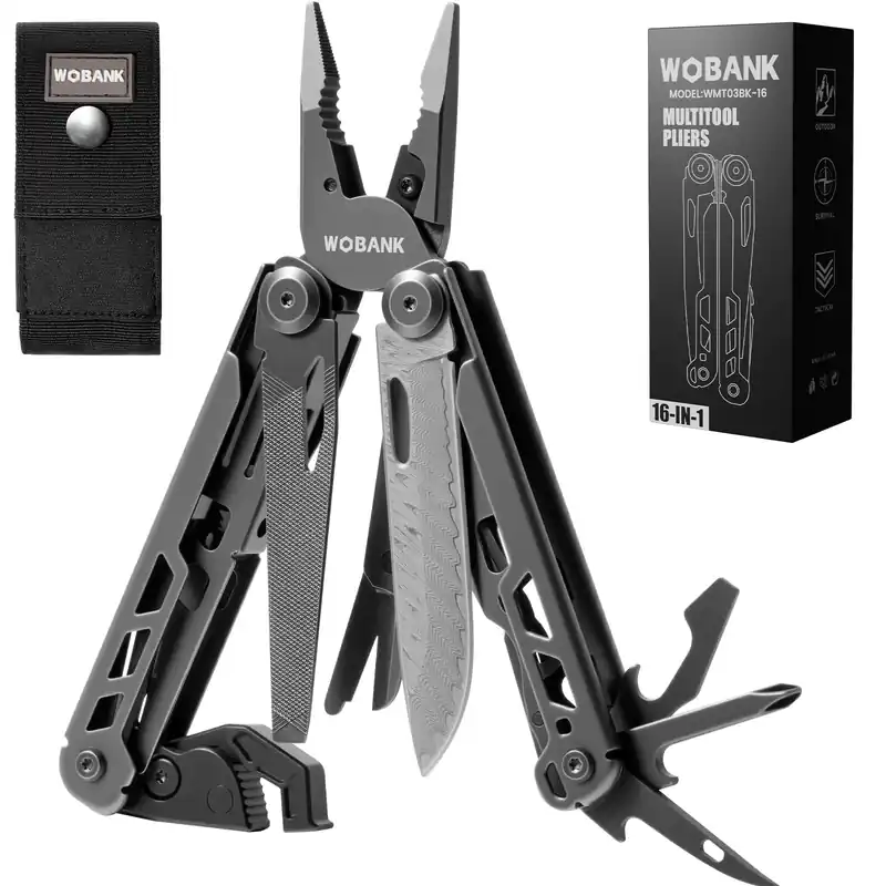 WOBANK Multitool, 16-in-1 Stainless Steel Multi Tool Pliers with Adjustable Hex Wrench, Damascus Pocket Knife, Nylon Sheath for Survival, Camping and Hunting, Hiking, Simple Repair