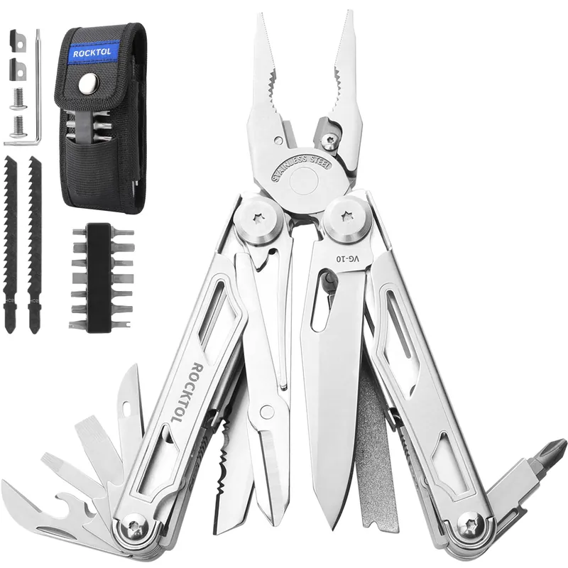 ROCKTOL Multitool, 29-in-1 Multitool Pliers with Replaceable Wire Cutters and Saw, Heavy-duty Stainless Steel Multi-tool Set and Nylon Sheath for Camping Survival multi tool for Man